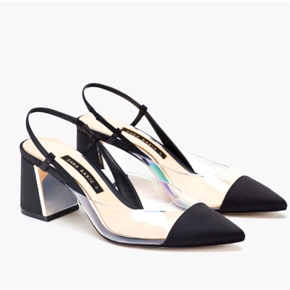 Zara Black Vinyl Transparent Slingback Heels
